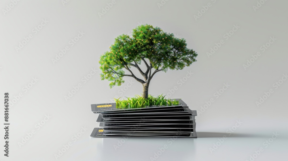 A healthy tree sprouting from a stack of credit cards in a laboratory, realistic background, depicting economic success, isolated on a white background with ample copy space A healthy tree sprouting from a stack of credit cards in a laboratory, realistic background, depicting economic success, isolated on a white background with ample copy space