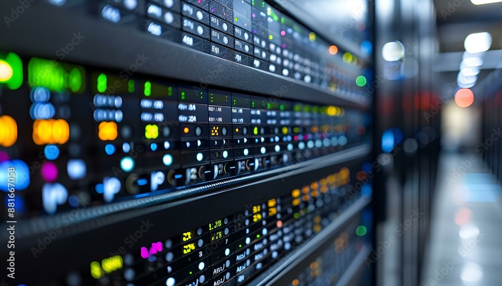 Close up of server rack with colorful lights. Close up of server rack with colorful lights.