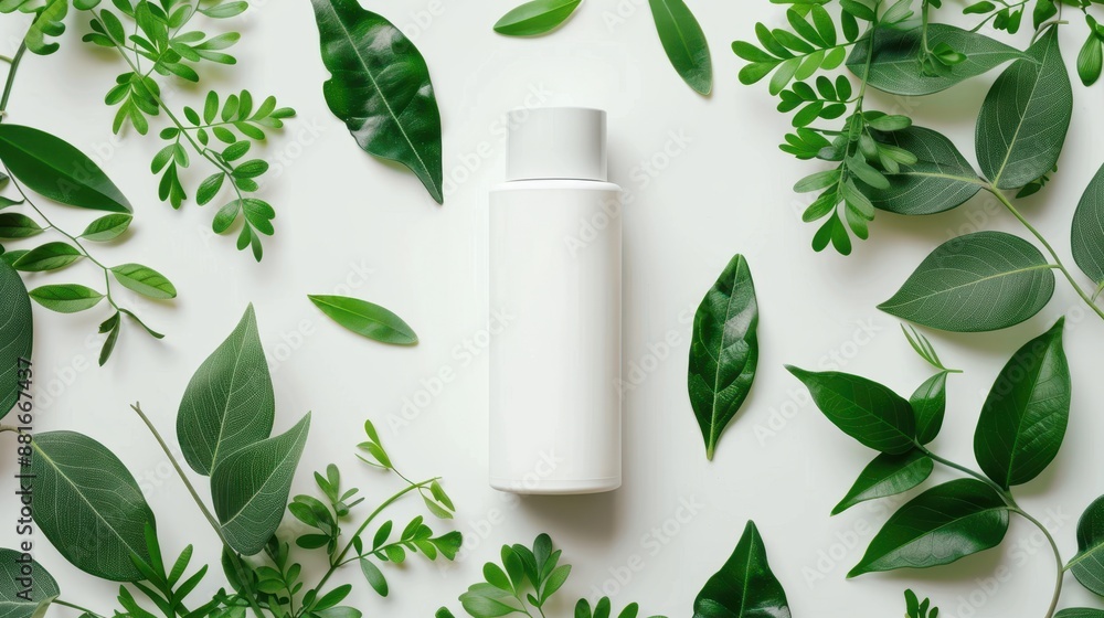 Refreshing White Shampoo Bottle Surrounded by Green Leaves for Natural Haircare Concept Refreshing White Shampoo Bottle Surrounded by Green Leaves for Natural Haircare Concept