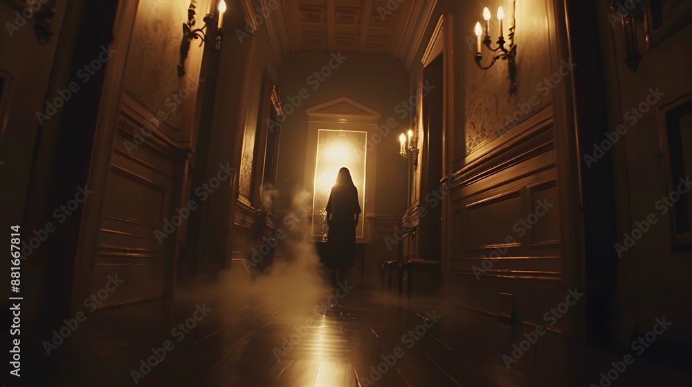 Fototapeta premium A woman in a long black dress walks down a hallway illuminated by a bright light at the end. Fog obscures the surroundings, adding a mysterious and eerie atmosphere