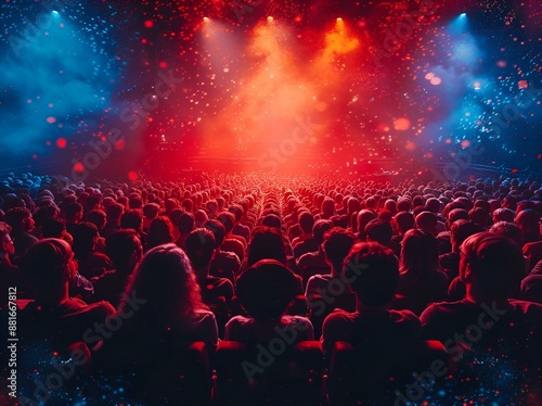 Spectators at a concert bathed in red and blue lights.