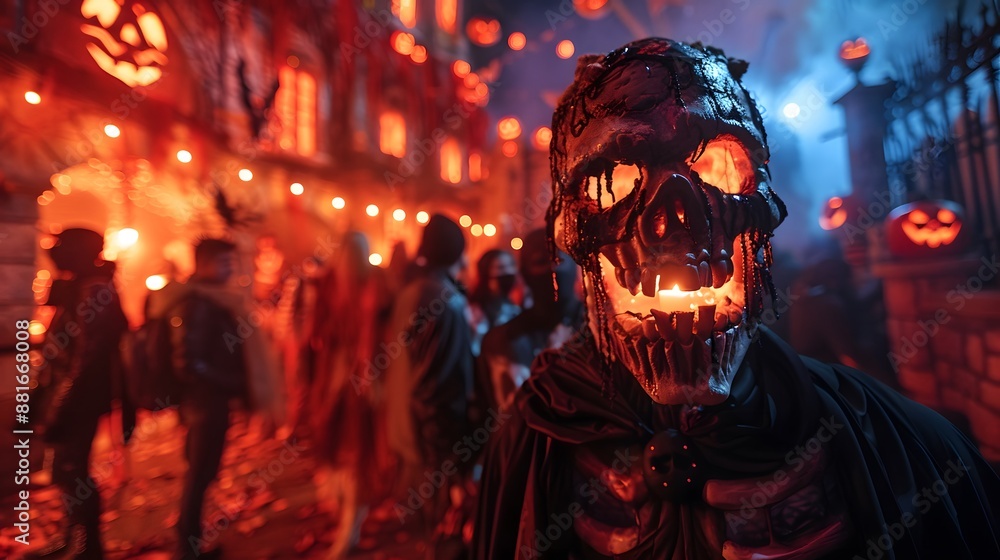 A person wearing a glowing skull mask stands in front of a crowd at a Halloween night festival, surrounded by jack-o-lanterns and festive lights A person wearing a glowing skull mask stands in front of a crowd at a Halloween night festival, surrounded by jack-o-lanterns and festive lights