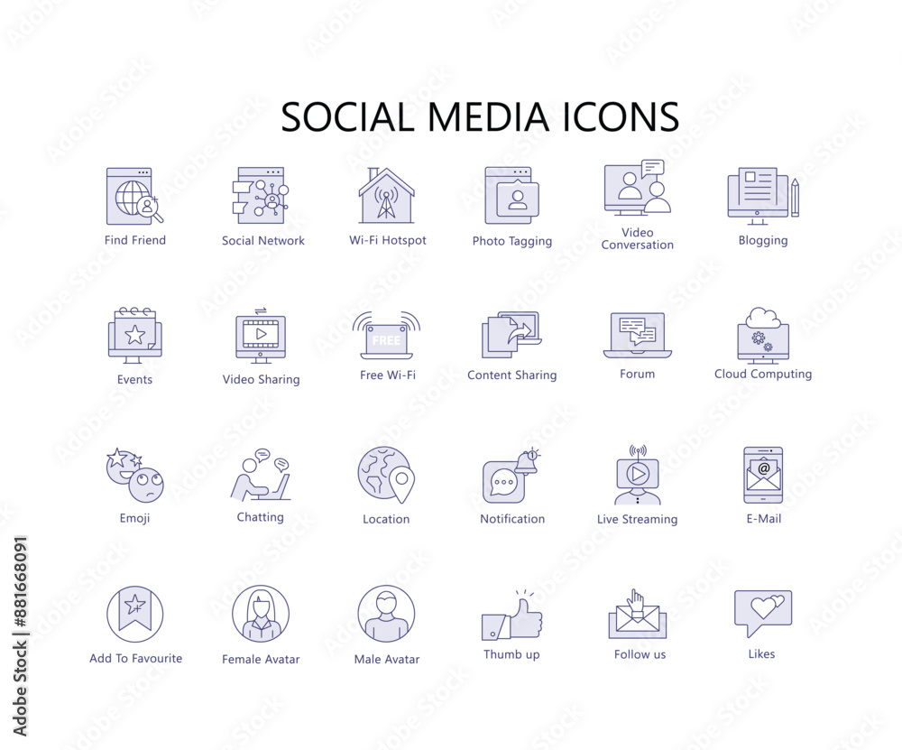 Tagging Friends Icon Modern Social Media Icons: Male Avatar, Female Avatar, Follow Us ...