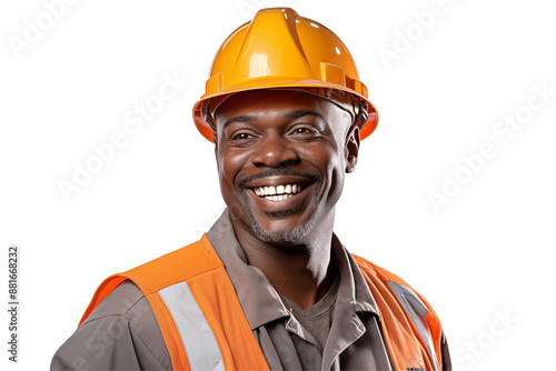African public works worker smiling on transparent background. Subjects related to public works. Construction profession. Transparent background png cutouts. Job offer. Afro american man. Africa.
