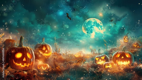 Halloween night sky with pumpkins and stars in a cosmic fantasy landscape