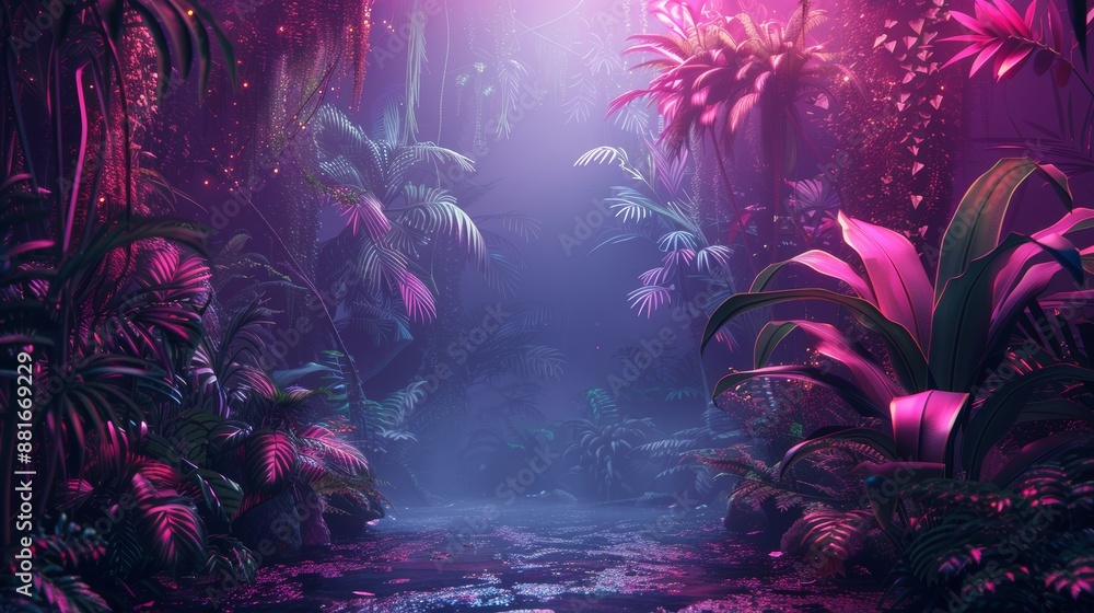 An abstract neon frame with a tropical forest motif, glowing with a soft, ethereal light that adds a magical touch to the design. An abstract neon frame with a tropical forest motif, glowing with a soft, ethereal light that adds a magical touch to the design.