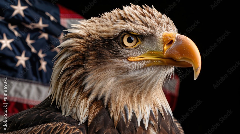 Obraz premium Patriotic Pride, Bald eagle with American flag backdrop, National Symbol