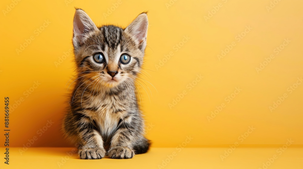 A cute Bengal kitten sitting on a light yellow background with space above for text A cute Bengal kitten sitting on a light yellow background with space above for text