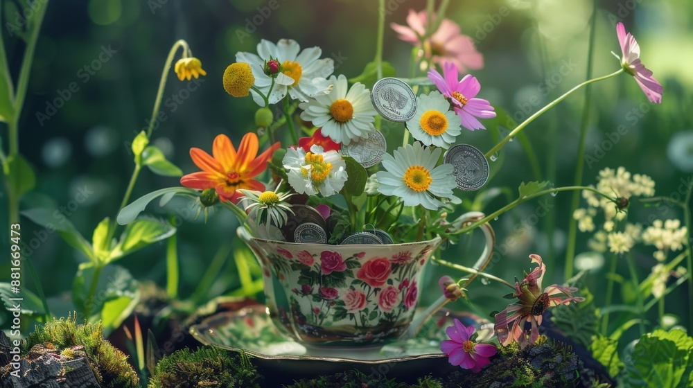 A variety of flowers blooming from silver coins in a teacup, detailed background, symbolizing wealth and abundance, set in a serene natural setting A variety of flowers blooming from silver coins in a teacup, detailed background, symbolizing wealth and abundance, set in a serene natural setting
