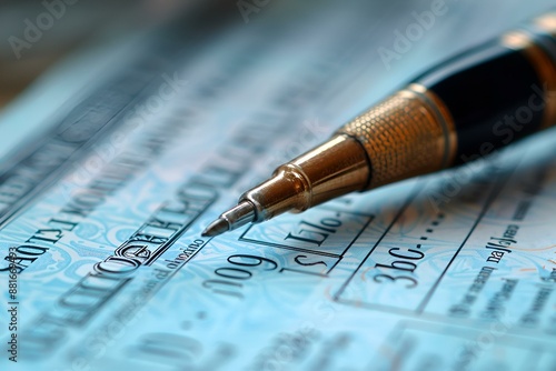  a pen sitting on top of a cheque paper. photo