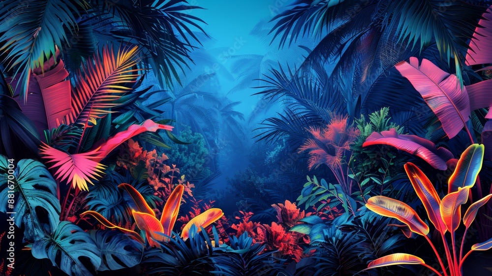 A stylized illustration of an exotic jungle scene, framed by a neon outline that emphasizes the dense and colorful foliage within. A stylized illustration of an exotic jungle scene, framed by a neon outline that emphasizes the dense and colorful foliage within.