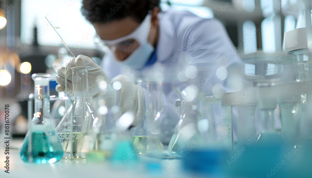 Scientist working with flasks in laboratory, closeup Scientist working with flasks in laboratory, closeup