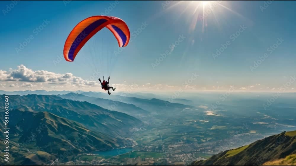 A paraglider soars gracefully through the sky. The skilful pilot moves with strength and grace through the wind. This amazing photo shows the beauty of human flight A paraglider soars gracefully through the sky. The skilful pilot moves with strength and grace through the wind. This amazing photo shows the beauty of human flight
