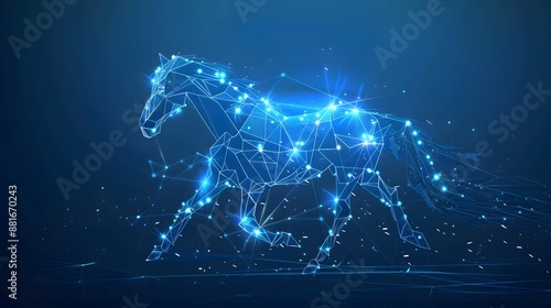 A hologram of a horse. A horse made up of polygons, triangles, points, and lines. Horse low-poly compound structure. The technology concept.