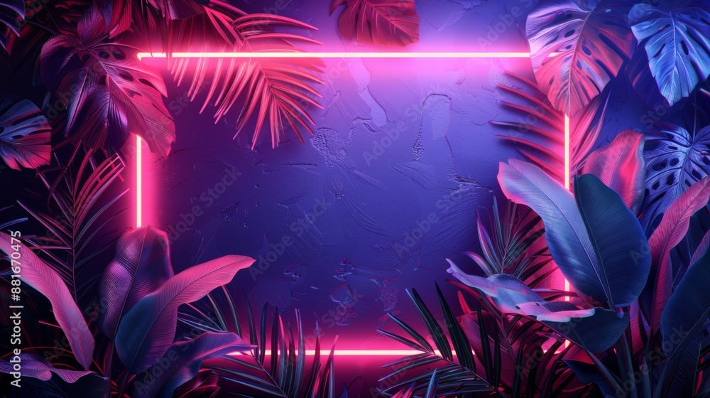 An artistic illustration of a neon sign in the shape of a frame, surrounded by tropical leaves, emitting a radiant glow. An artistic illustration of a neon sign in the shape of a frame, surrounded by tropical leaves, emitting a radiant glow.