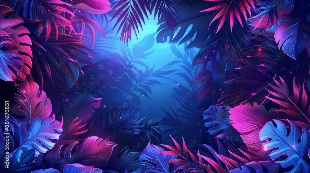 An elegant frame illustration with neon accents and tropical leaf silhouettes, ideal for creating a sophisticated and modern look. An elegant frame illustration with neon accents and tropical leaf silhouettes, ideal for creating a sophisticated and modern look.