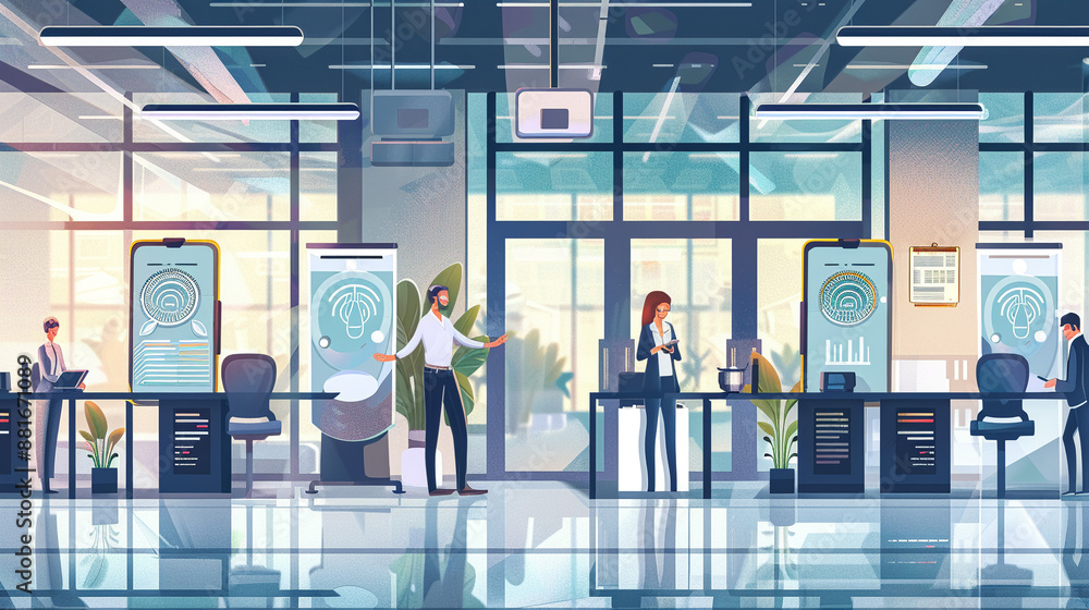 Fototapeta premium An office setting where employees are using smart devices with fingerprint authentication to access secure digital systemsvector illustrations