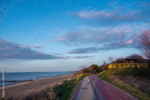 Pedestrian and bicycle path along the Baltic sea near Kolobrzeg, Poland photo