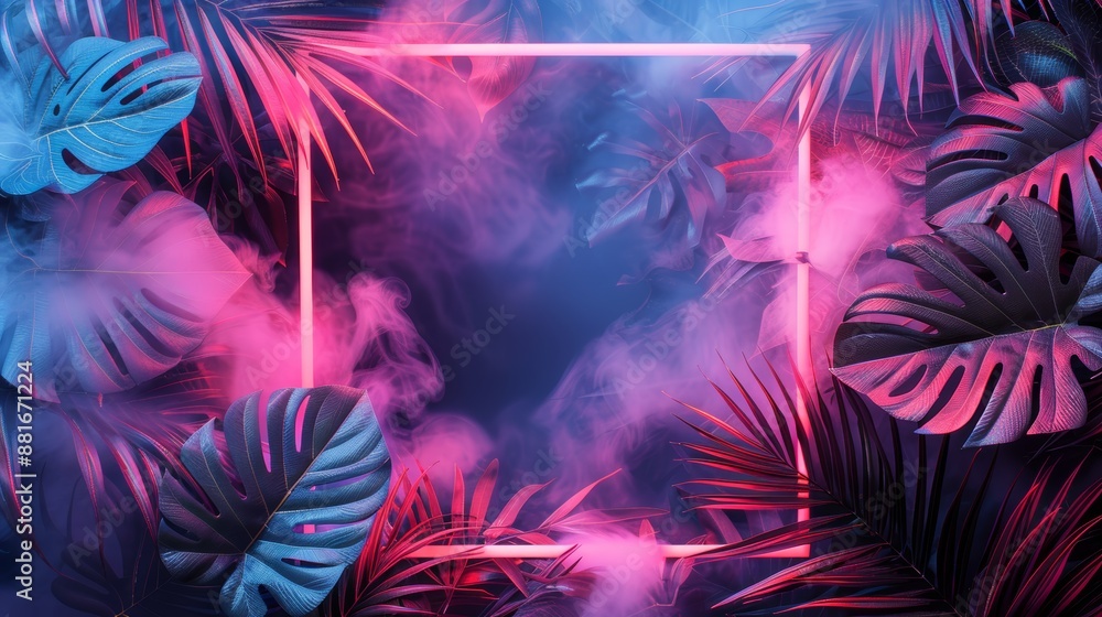 A neon frame surrounds a tropical paradise, with neon palm leaves gently swaying, creating a sense of calm and tranquility. A neon frame surrounds a tropical paradise, with neon palm leaves gently swaying, creating a sense of calm and tranquility.