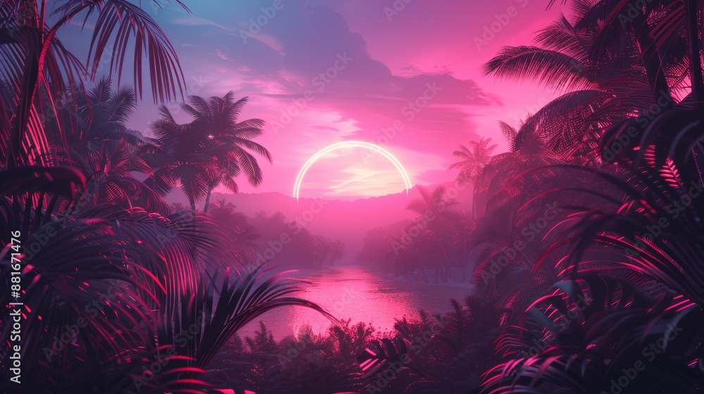 A neon frame outlines a tropical paradise, with neon patterns adding a futuristic and vibrant touch to the natural beauty of the scene. Ideal for projects that need a modern and edgy look. A neon frame outlines a tropical paradise, with neon patterns adding a futuristic and vibrant touch to the natural beauty of the scene. Ideal for projects that need a modern and edgy look.