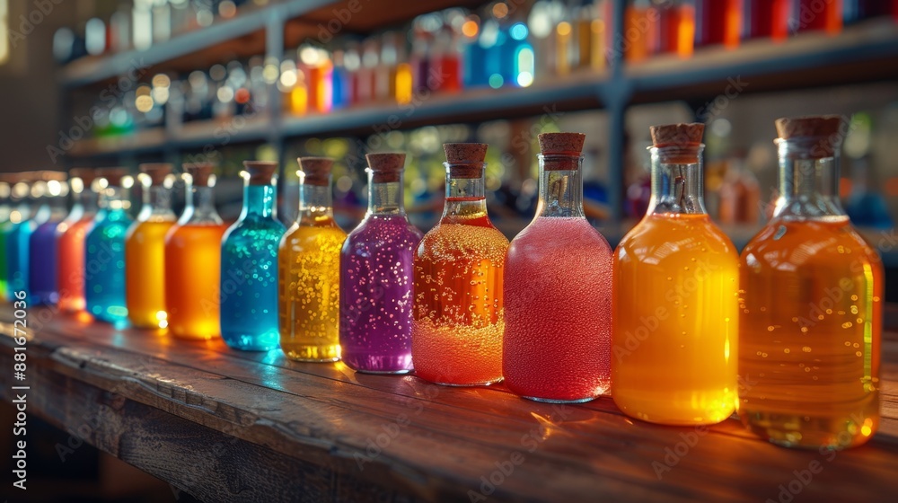 Colorful Bottles with Liquid on a Wooden Shelf - Generative AI Colorful Bottles with Liquid on a Wooden Shelf - Generative AI