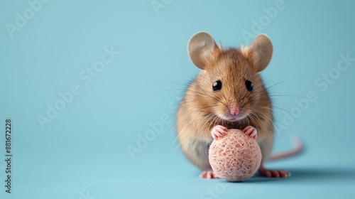 A cute mouse with a toy sitting on a pastel blue background with space above for text photo