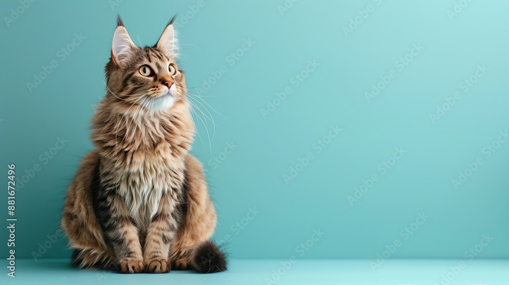 Obraz premium A cute Norwegian Forest cat relaxing sitting on a baby blue background with space above for text