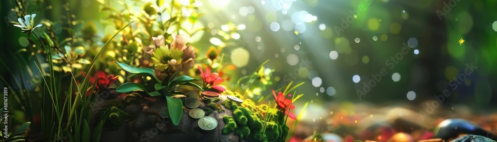 A burst of flowers blooming in a coin purse, detailed background, symbolizing financial health, set in a tranquil garden scene A burst of flowers blooming in a coin purse, detailed background, symbolizing financial health, set in a tranquil garden scene