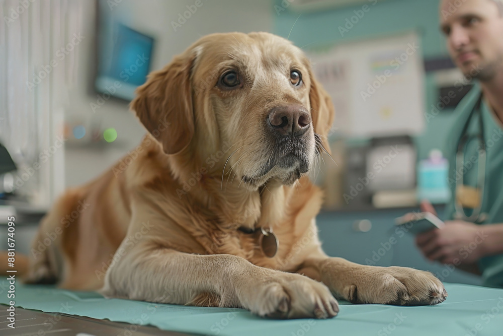 A golden retriever lies on an examination table in a modern veterinary clinic, being checked by a veterinarian A golden retriever lies on an examination table in a modern veterinary clinic, being checked by a veterinarian