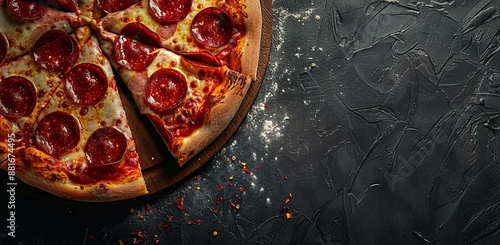 A delicious pepperoni pizza cut into slices against a dark background, perfect for a web banner with copyspace on the right. This image captures the mouthwatering appeal of classic Italian cuisine.