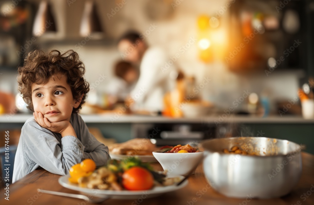 Kid leaning on the kitchen table, looking at a parent cooking dinner, with a plate and utensils set in front of them Kid leaning on the kitchen table, looking at a parent cooking dinner, with a plate and utensils set in front of them