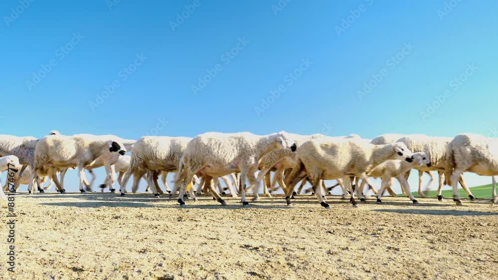 flock of sheep walking in desert landscape- low angle flock of sheep walking in desert landscape- low angle