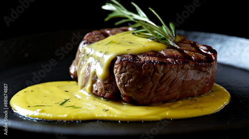 Elegant filet mignon paired with a rich Barnaise sauce elegantly presented on a black plate photo