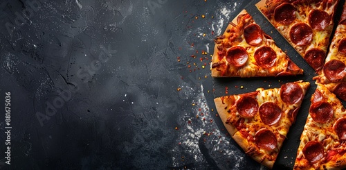 A delicious pepperoni pizza cut into slices against a dark background, perfect for a web banner with copyspace on the right. This image captures the mouthwatering appeal of classic Italian cuisine.