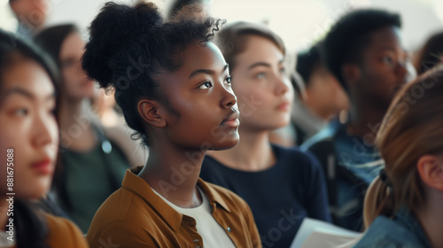 Group of diverse students attending a lecture at university