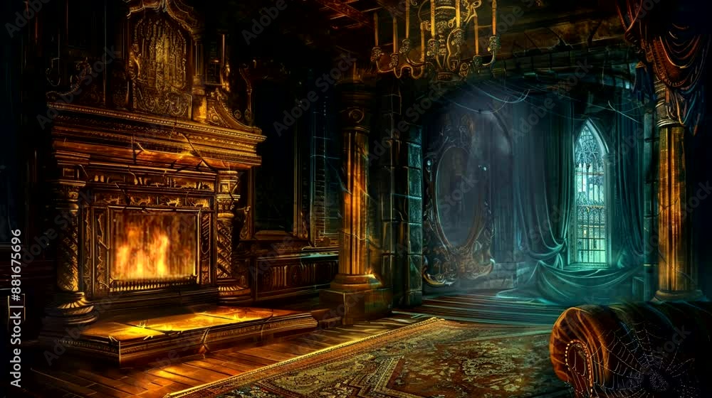 Spooky room with fireplace and ghost. Seamless loop video background