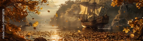 A ship sailing through a golden coinfilled lake, detailed background, symbolizing prosperity and discovery, set in a tranquil setting photo