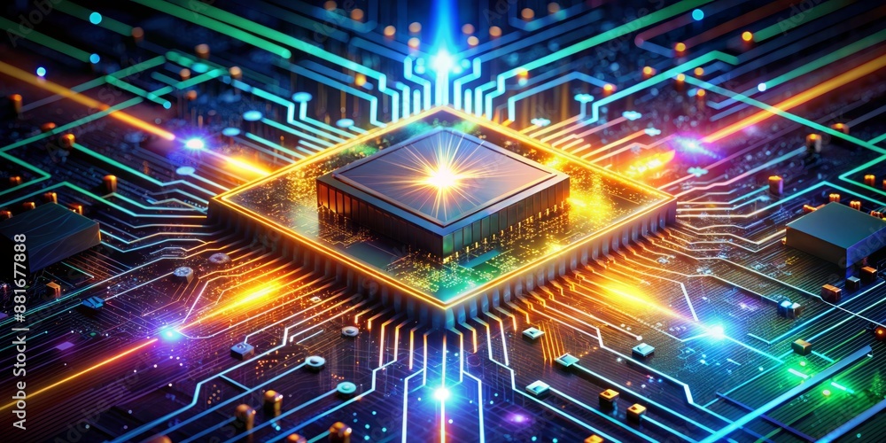 Vibrant glowing circuits and abstract lights surround a central semiconductor chip, radiating a mesmerizing futuristic aura in a dark background of intricate electronic pathways. Vibrant glowing circuits and abstract lights surround a central semiconductor chip, radiating a mesmerizing futuristic aura in a dark background of intricate electronic pathways.