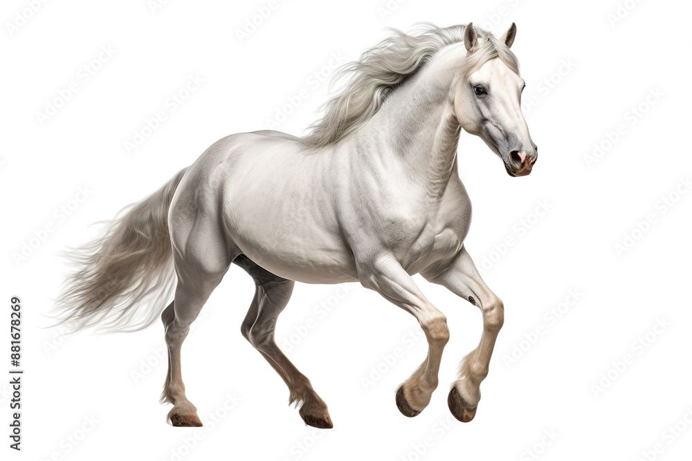 The Majestic Gallop of a White Horse on White or PNG Transparent Background.
