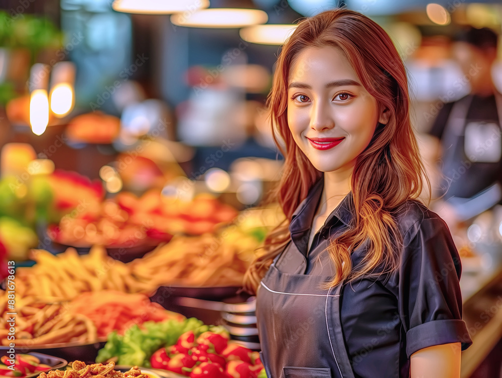 Fototapeta premium Beautiful Asian woman who owns a local restaurant in the market