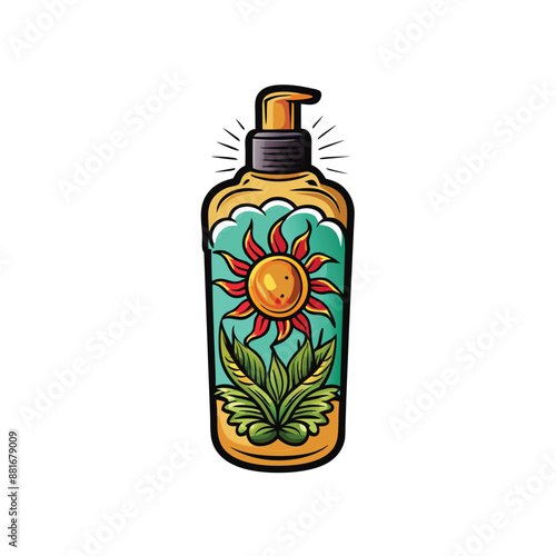 Illustration of eco-friendly sunscreen bottle with sun and leaves.