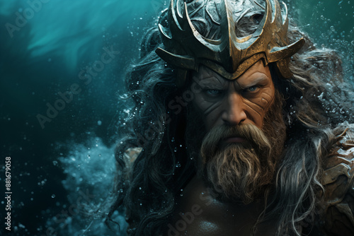 Image of the Greek god Poseidon. Greek mythology. Ancient Greece. World of the gods. God of Olympus. God of the sea. Poseidon in the sea.