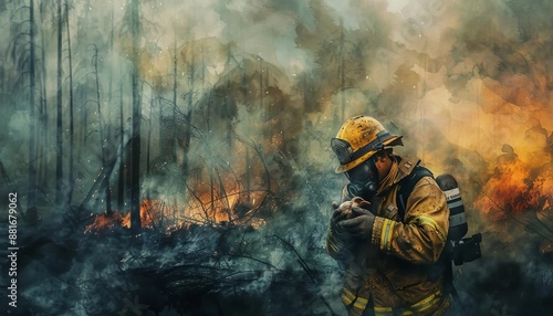 Firefighter in full gear standing in a burning forest. photo