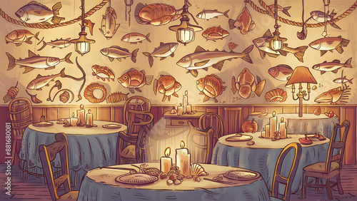 A Charming Hand-Drawn Illustration Set in a Vintage Style of a Fish Market photo