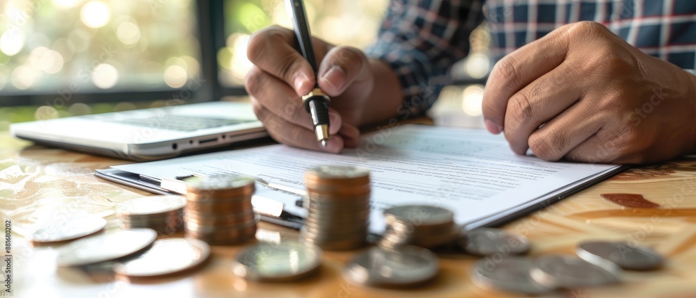 Obraz premium Person Writing on Paper with Stacked Coins Next to It: Financial Concept Representation