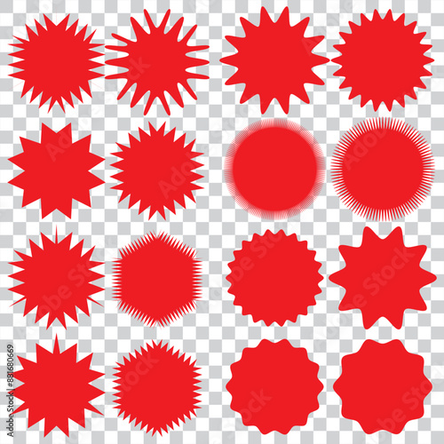 Set of vector starburst, sunburst badges. Red color. Simple flat style Vintage labels. Colored stickers.7891