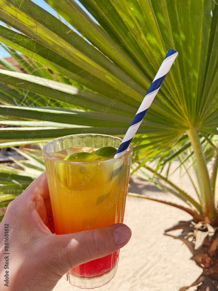 Cocktail in glass width some lemon into the hand on palm trees background. Holiday and relaxing concept Cocktail in glass width some lemon into the hand on palm trees background. Holiday and relaxing concept