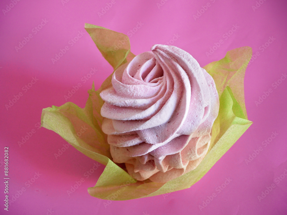 One of pink colored meringue cookies, Zefir, Zephyr. A gift of zephyrs. Top view.