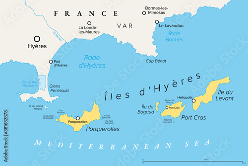 Îles d'Hyères, French island group, political map. Also Îles d'Or, a group of 4 Mediterranean islands off Hyères in the Var department of Southeastern France. Part of Côte d'Azur and Côte des Maures.