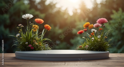 A simple round podium With Nature and  flowres for product disply